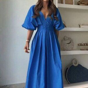 Blue Casual Women's V-Neck Back Hollow Bat-Sleeve Waist-Cinching A-Hem Dress